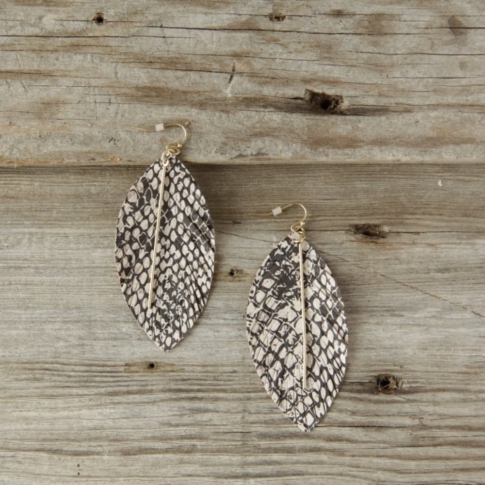 Snake Skin Feather Earrings With Gold Bar